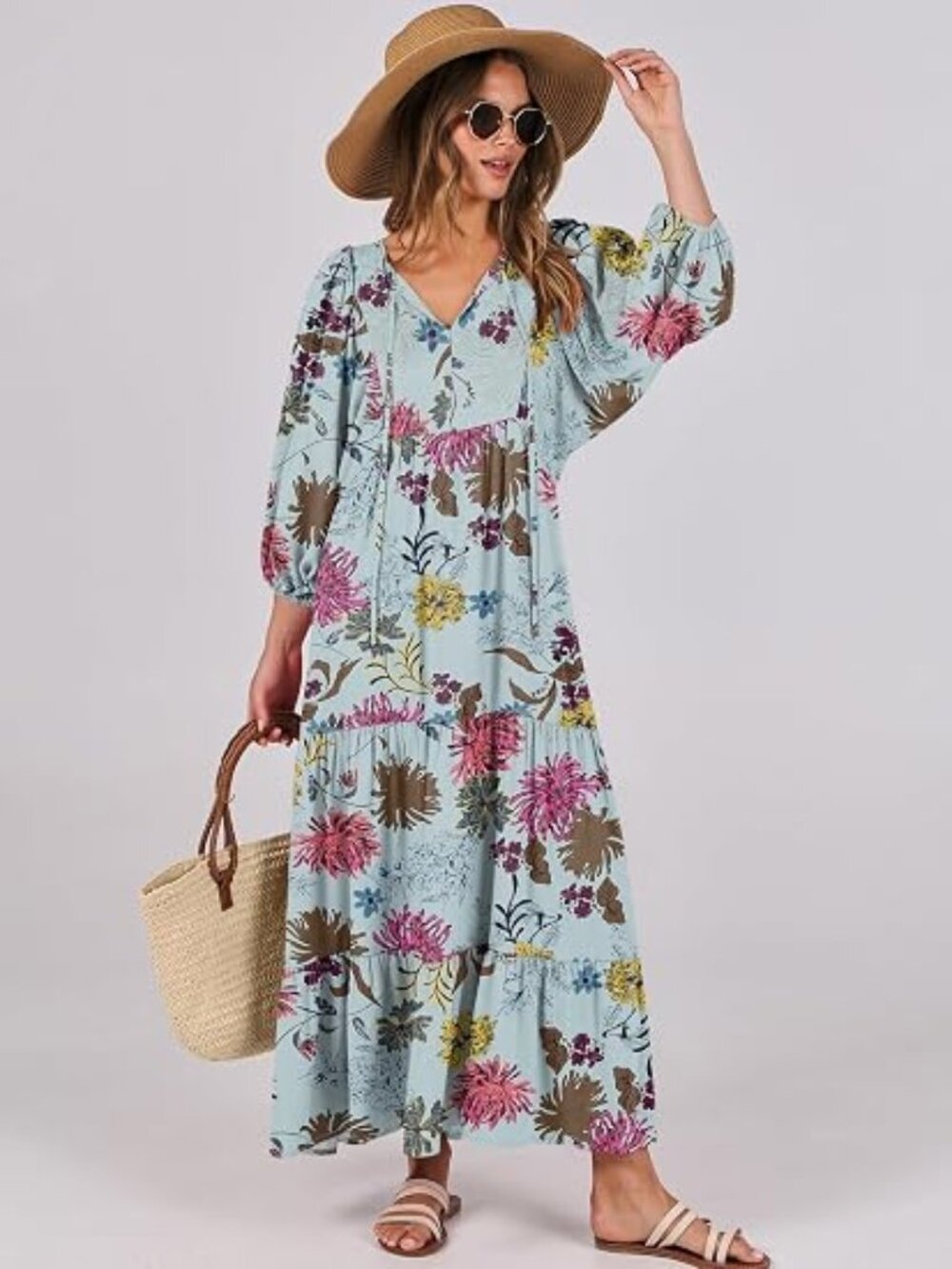 Womens Boho Floral 3/4 Puff Sleeve Maxi Dress